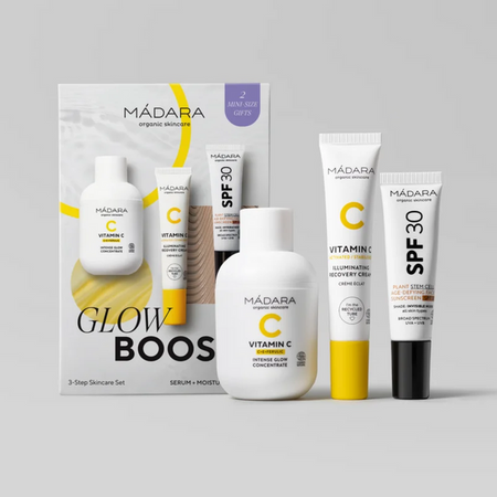 ZESTAW GLOW BOOST: Koncentrat rozjaśniająco-rewitalizujący z witaminą C 30 ml + Rozświetlający krem regenerujący z witaminą C 15 ml + Przeciwzmarszczkowy krem do twarzy anti-aging SPF 30 (odcień INVISIBLE NUDE) 10 ml